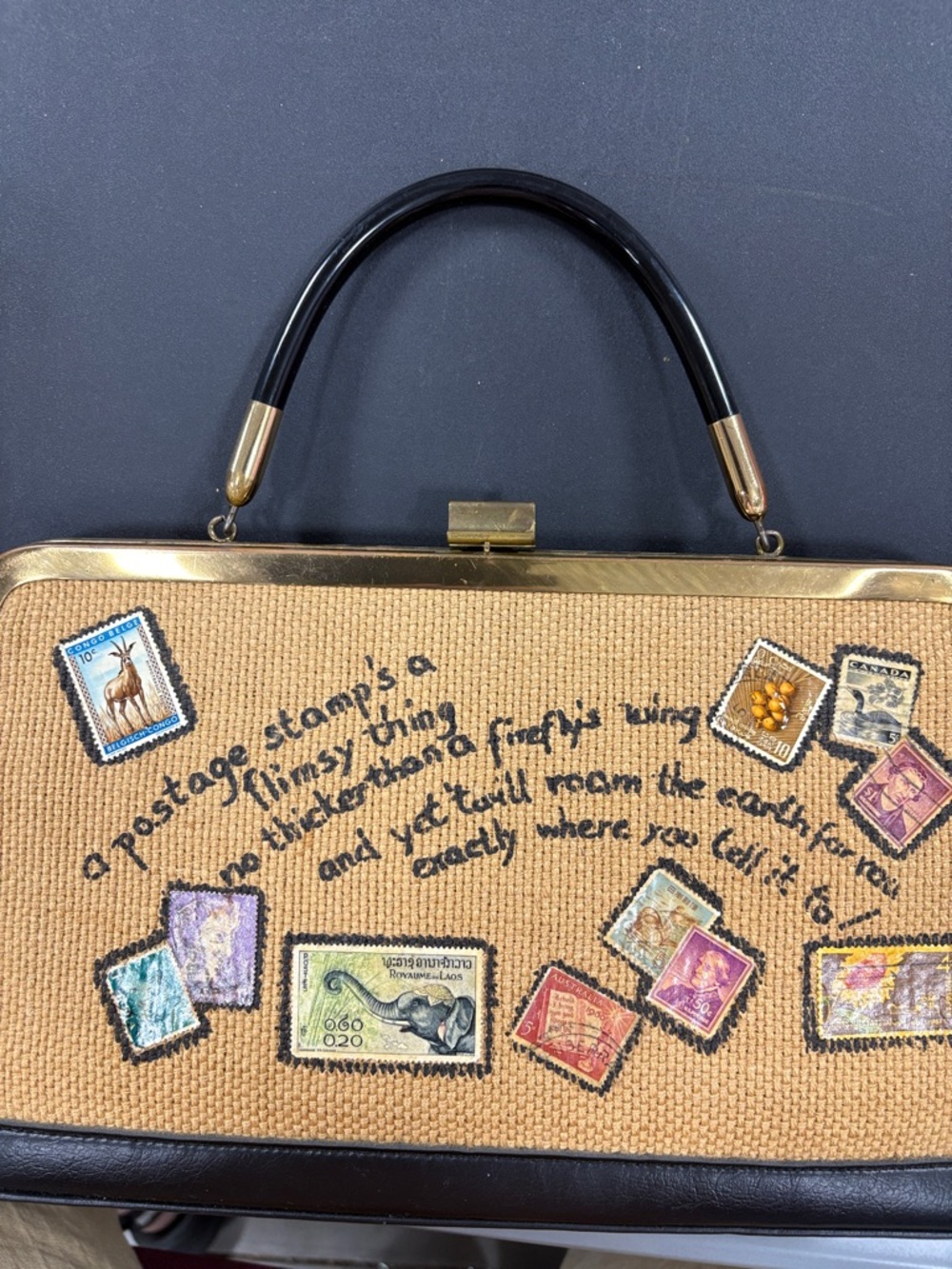 Woven Postage Stamp Embroidered Top-Handle Bag in Tan and Black